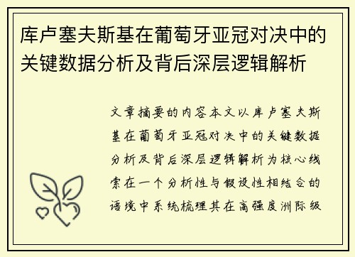 库卢塞夫斯基在葡萄牙亚冠对决中的关键数据分析及背后深层逻辑解析